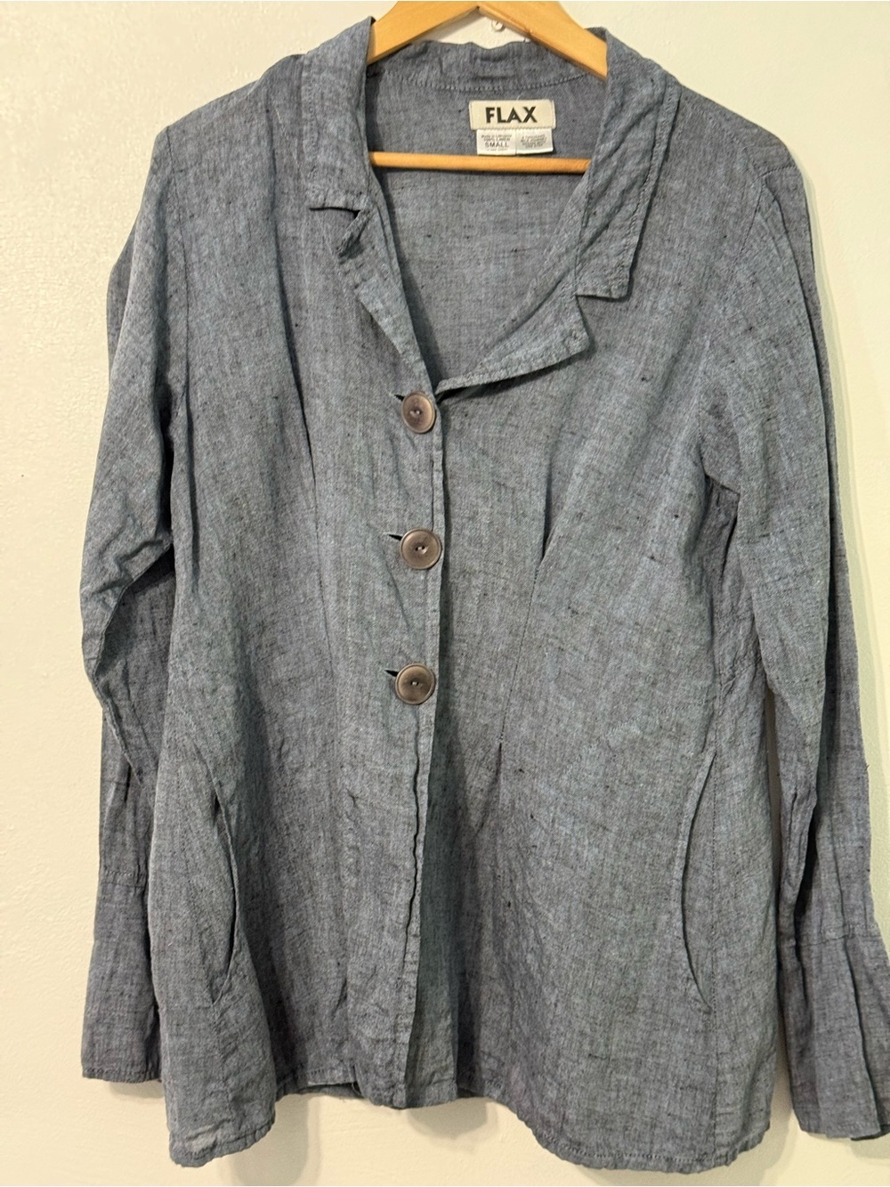Flax Blue Linen Button-Front Jacket Pockets size small